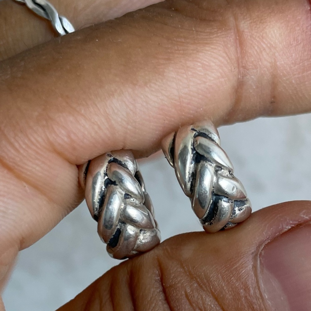 Chunky, Solid 925 Sterling Silver Braided Huggies… - image 5